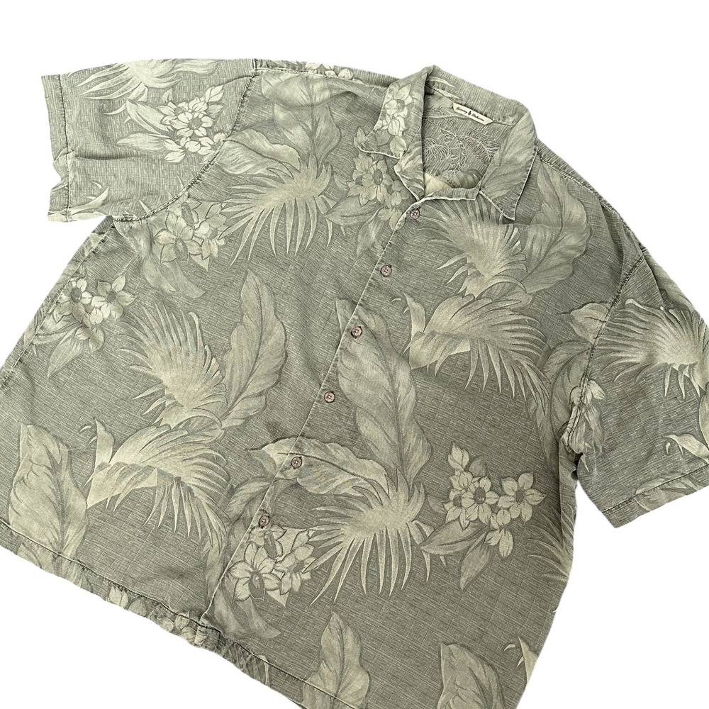 Tommy Bahama Shirt Mens 2XB Green Silk Tropical Floral Short‎ Sleeve Button Up